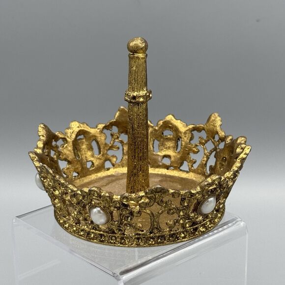 Vtg Crown Shaped Ring Jewelry Holder Trinket Dish Gold Tone Bead Accents Vanity - Picture 2 of 6